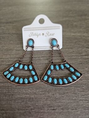 Turquoise Drop Fan Fashion Earrings - Blue Teardrop Design-NWT